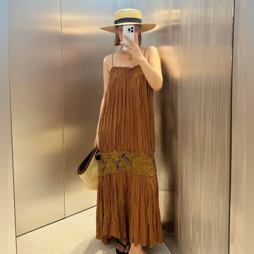 Zara NWT Tan Brown Wrinkled Embroidered Contrast Crochet Midi Maxi Dress (Small) - Picture 3 of 10